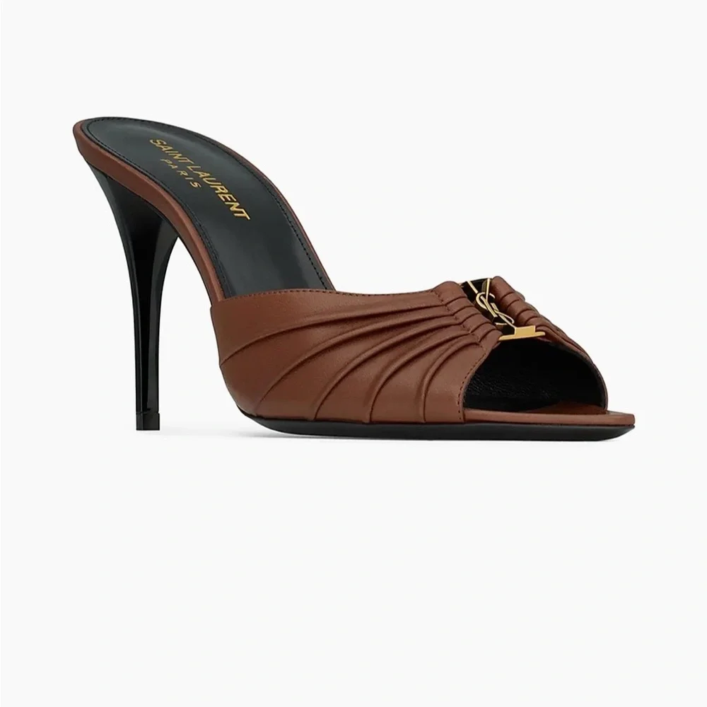 Saint Laurent Brown Leather Mules with Gold Logo - Picture 2 of 2
